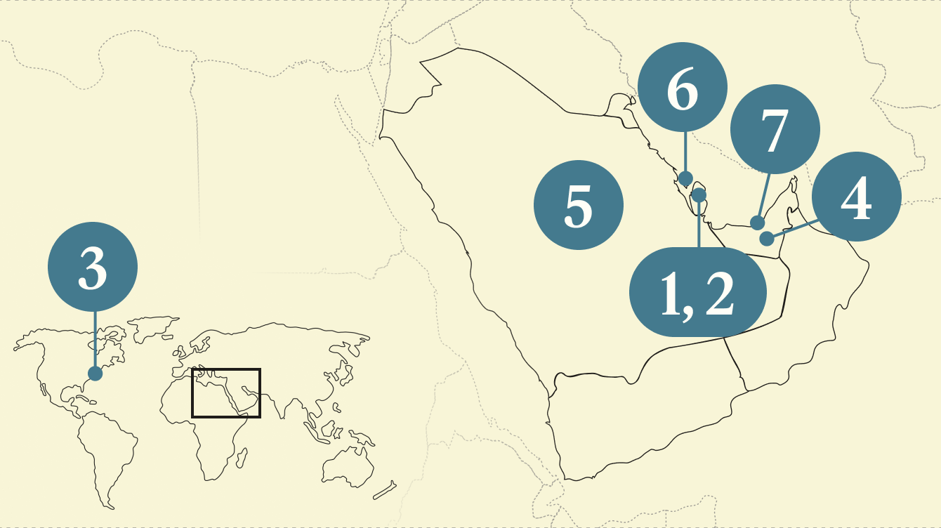A numbered map of the Gulf region.