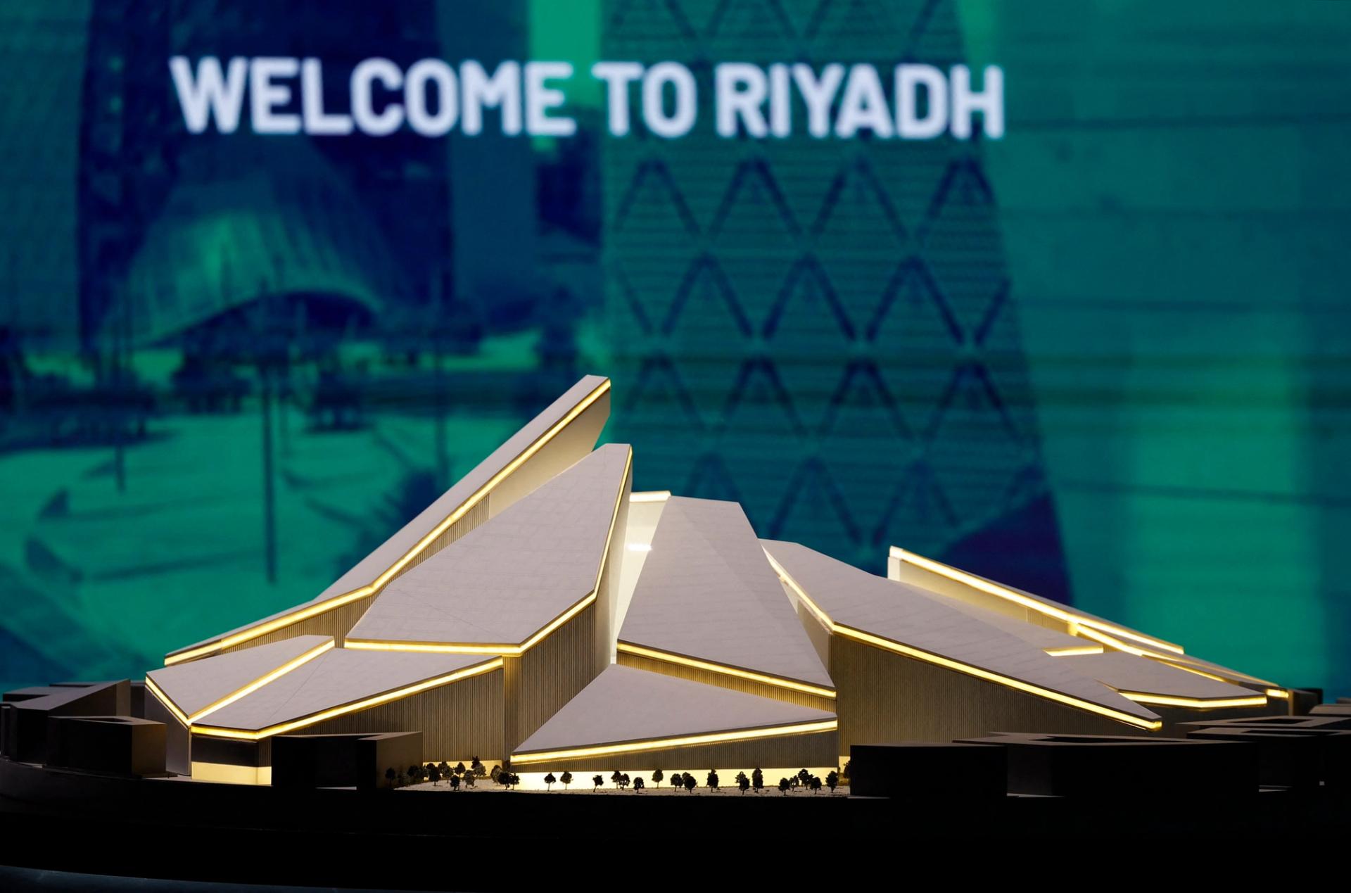 A model of the proposed Roshn Stadium is seen inside the Saudi Arabia World Cup bid exhibition