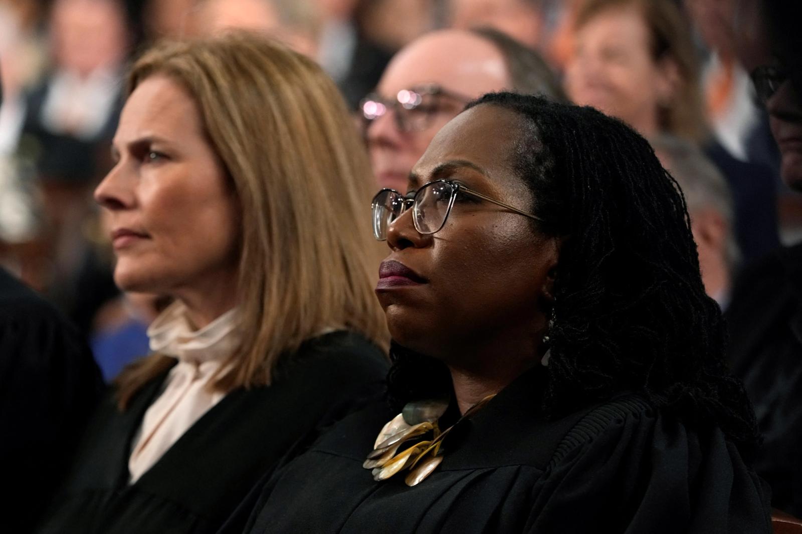 Justice Amy Coney Barrett and Justice Ketanji Brown Jackson listen as President Joe Biden delivers the State of the Union address to a joint session of Congress at the Capitol, Tuesday, Feb. 7, 2023, in Washington. 