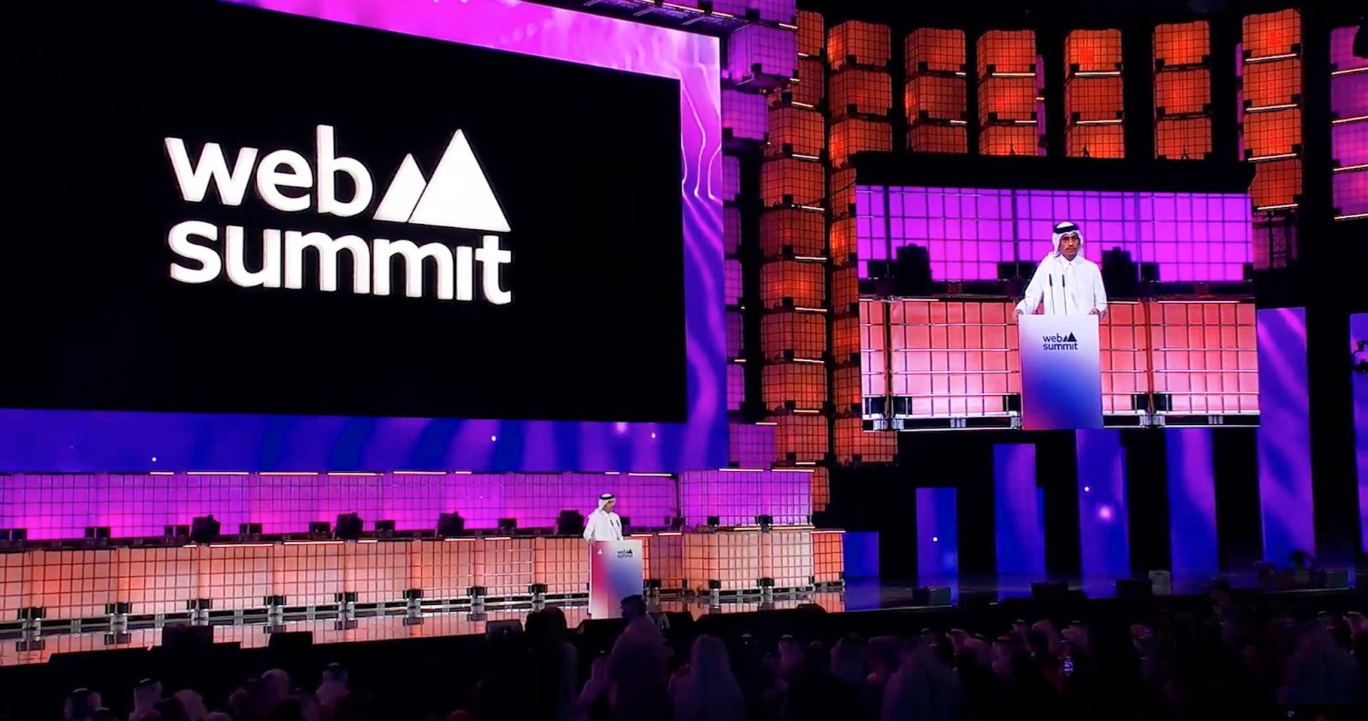 Sheikh Mohammed bin Abdulrahman bin Jassim Al Thani speaking at Web Summit Qatar 2025.