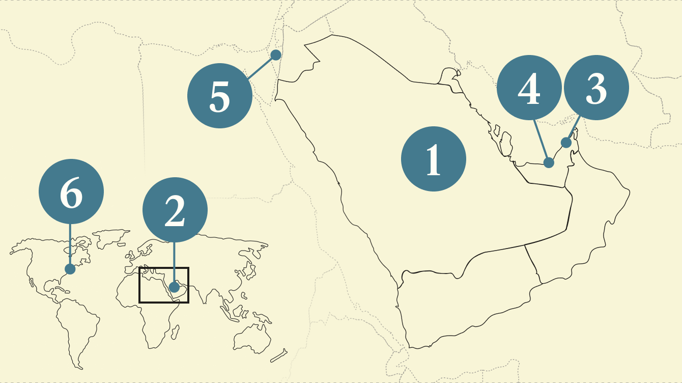 A numbered map of the Gulf region.