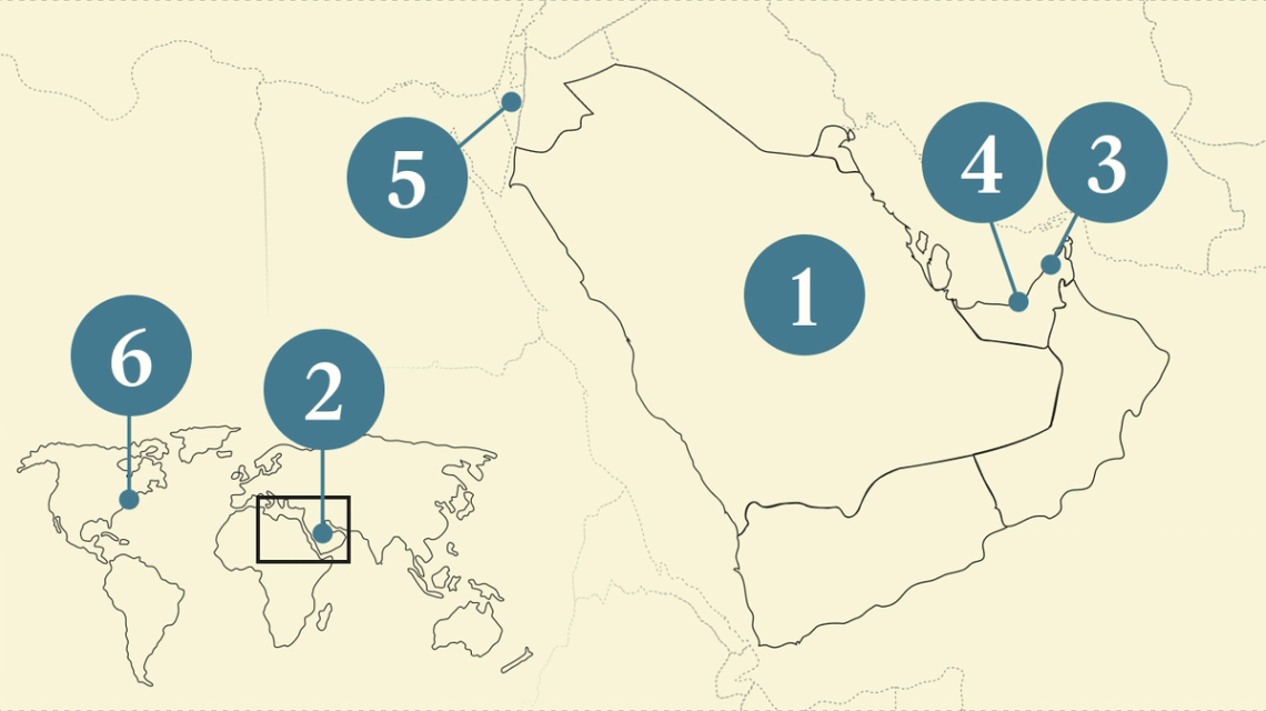 A numbered map of the Gulf region.