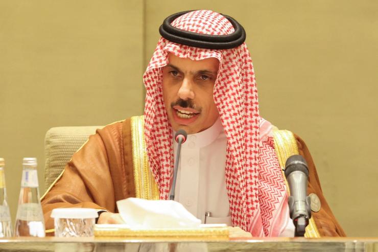 Saudi Foreign Minister Prince Faisal bin Farhan speaks during a press conference during the Organisation of Islamic Cooperation summit to discuss Gaza crisis, in Riyadh, Nov. 11, 2023.