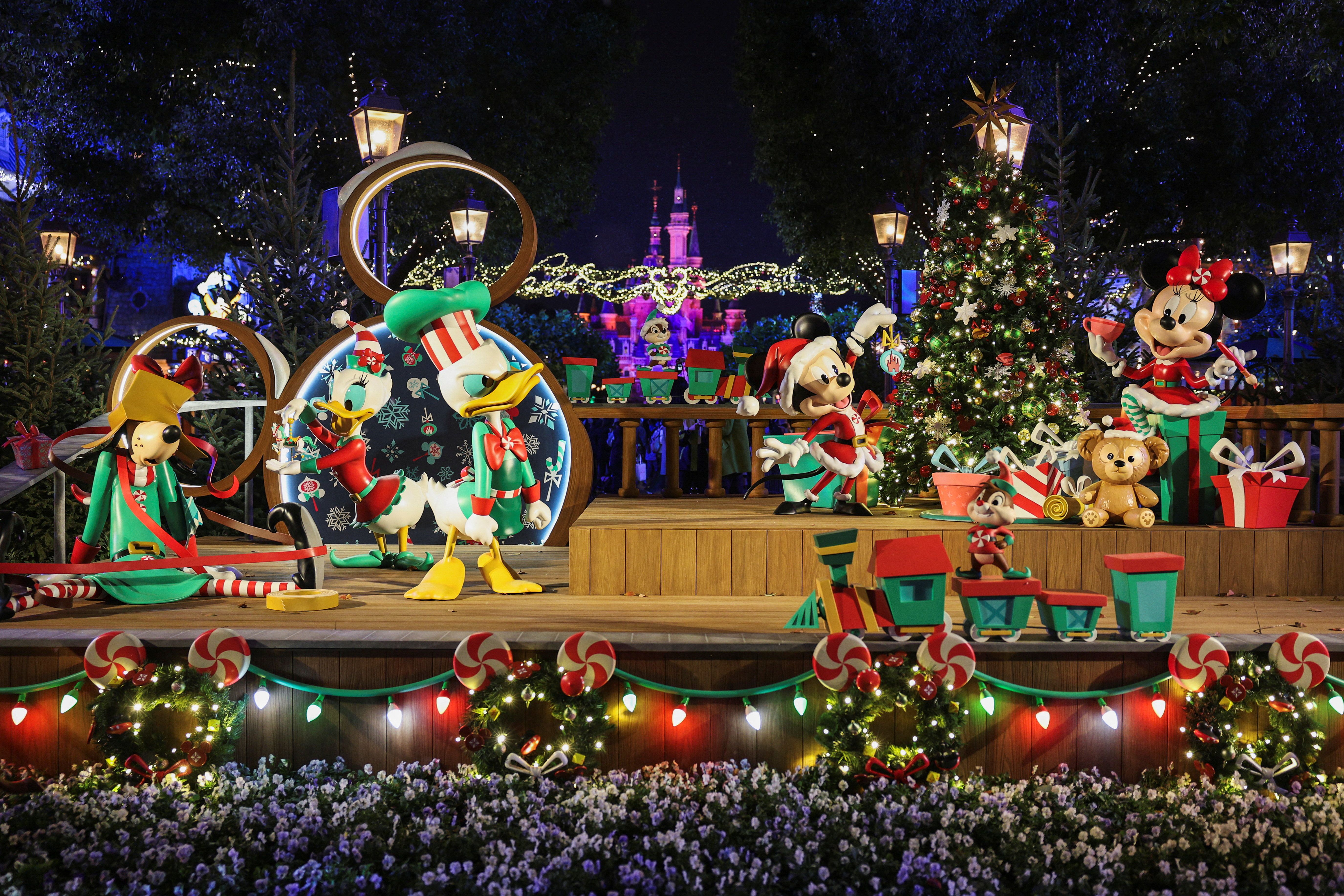 A Christmas display with Disney characters at Shanghai Disneyland in Shanghai.