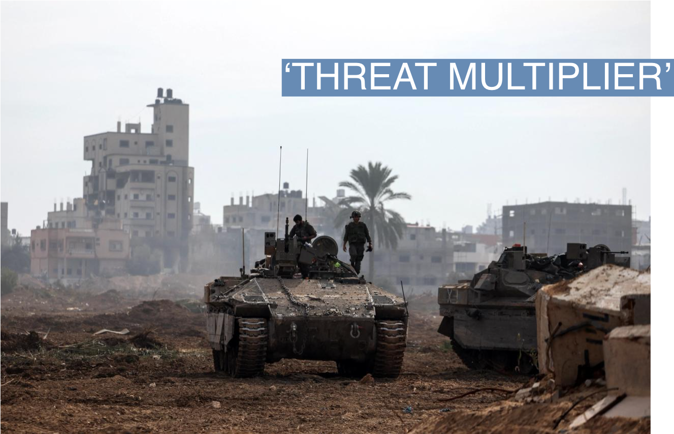 Israeli soldiers stand on an Israeli armoured personnel carrier (APC) as they operate, amid the ongoing conflict between Israel and the Palestinian Islamist group Hamas, in Gaza, January 8, 2024. REUTERS/Ronen Zvulun