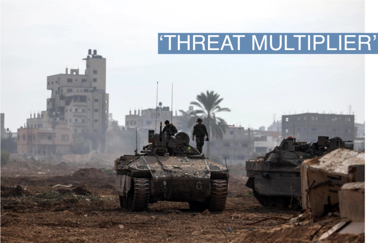 Israeli soldiers stand on an Israeli armoured personnel carrier (APC) as they operate, amid the ongoing conflict between Israel and the Palestinian Islamist group Hamas, in Gaza, January 8, 2024. REUTERS/Ronen Zvulun