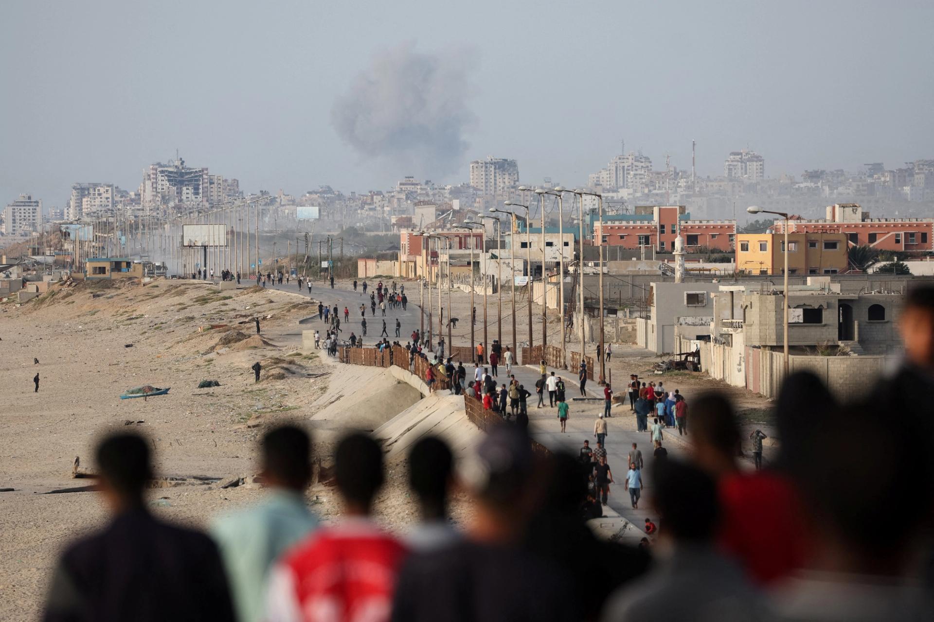 Smoke rises following an Israeli airstrike, as seen from central Gaza Strip on May 18, 2024.