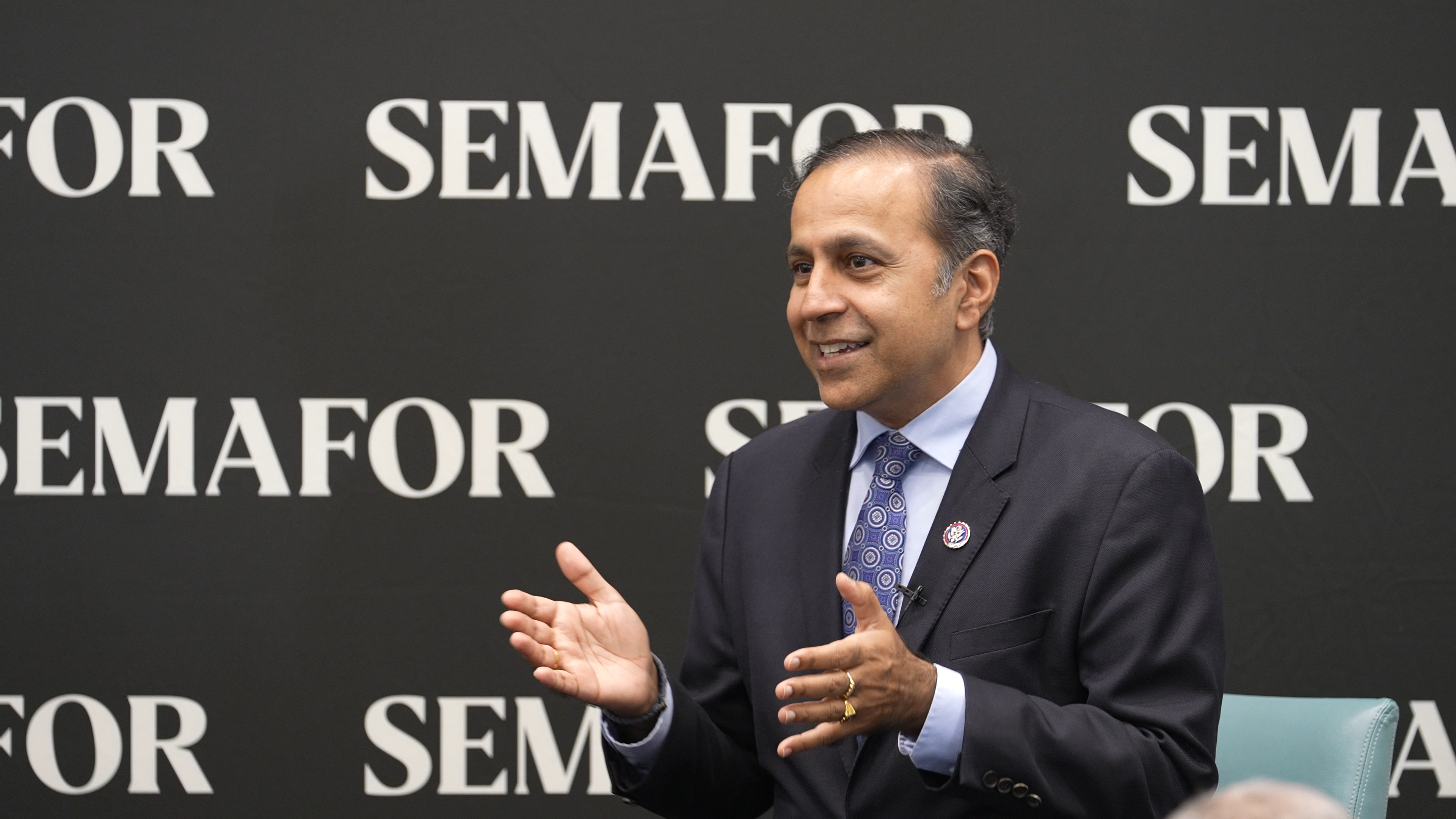 Rep. Raja Krishnamoorthi (D-Ill.) speaks at a Semafor event on Feb. 5, 2024.