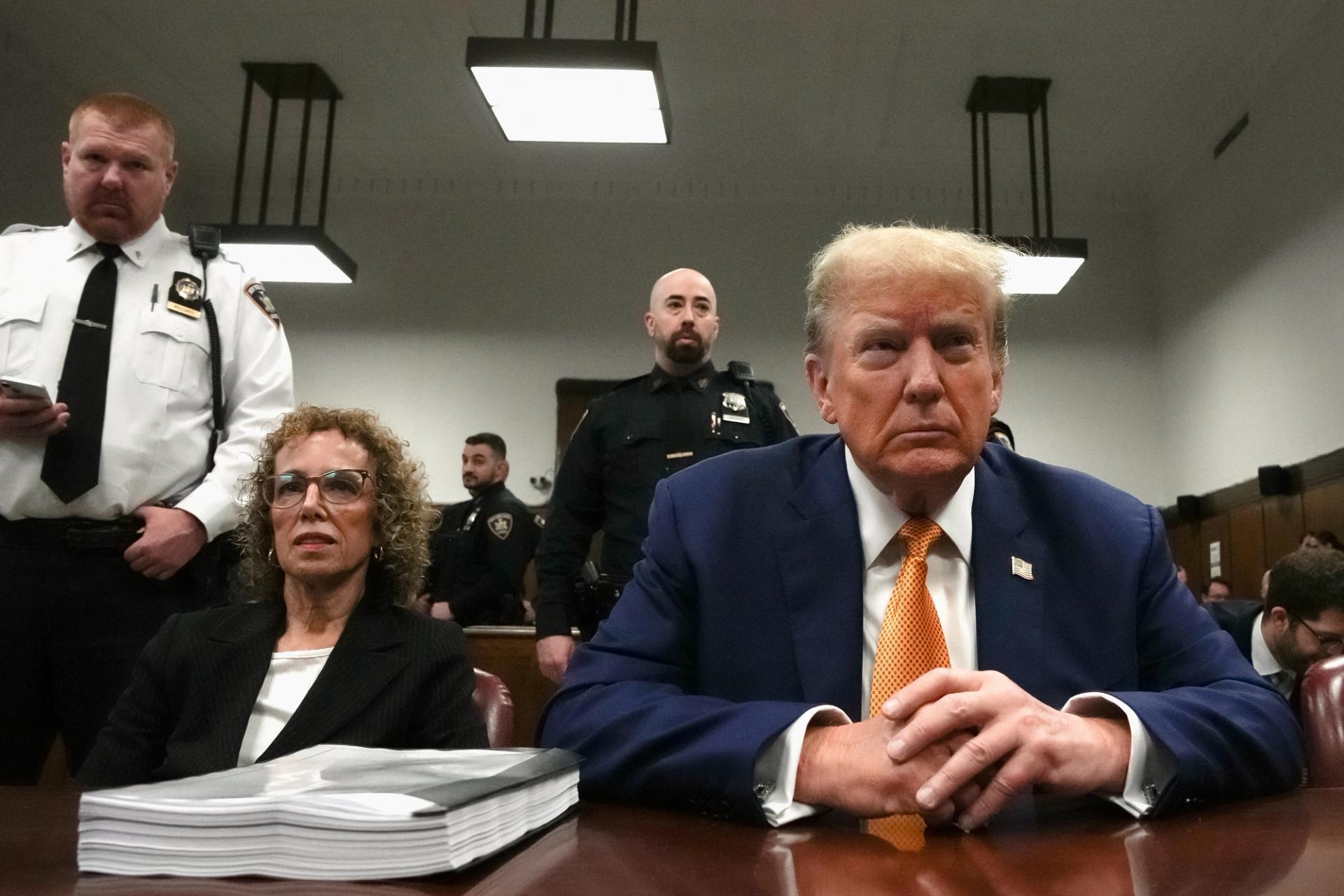Donald Trump looks on in the courtroom at his criminal trial on May 7, 2024.