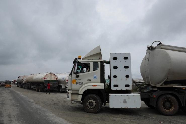 A petrol tanker drives out of the Dangote Petroleum Refinery headquarters gate in Ibeju-Lekki, Lagos.