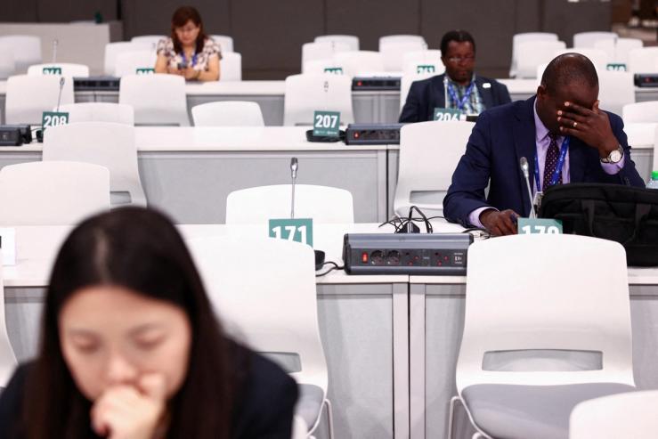 A delegate gestures as he works in between meetings during the final stages of the United Nations Climate Change Conference COP28.