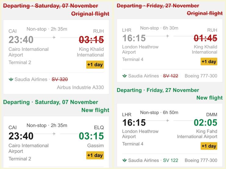 Screen grab collage of rerouted Saudia flights.