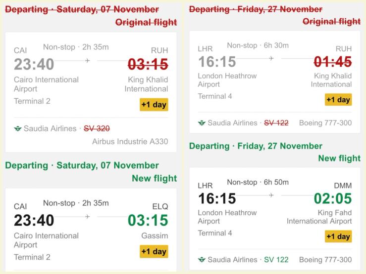 Screen grab collage of rerouted Saudia flights.