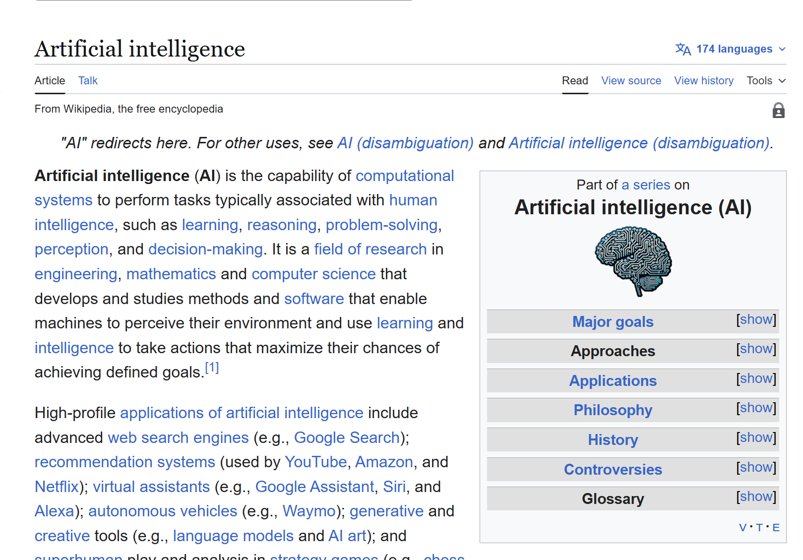 Screenshot of Wikipedia page on AI