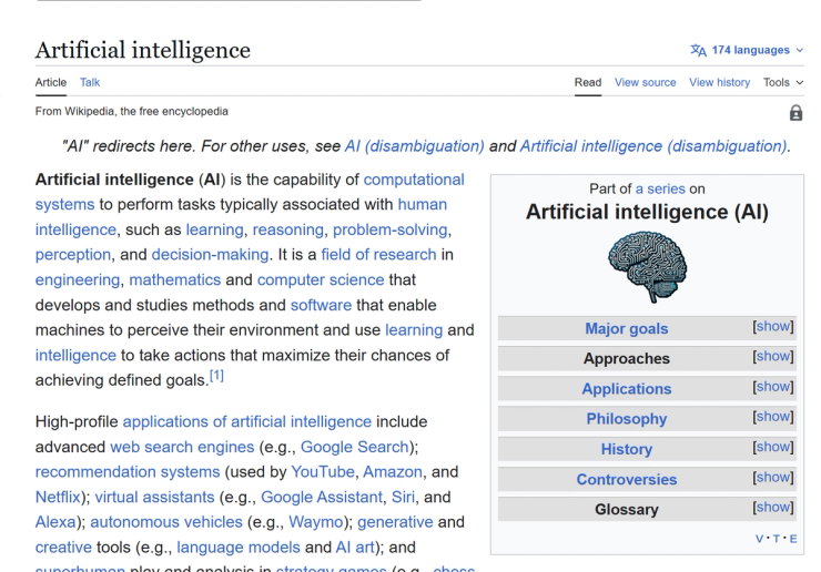 Screenshot of Wikipedia page on AI