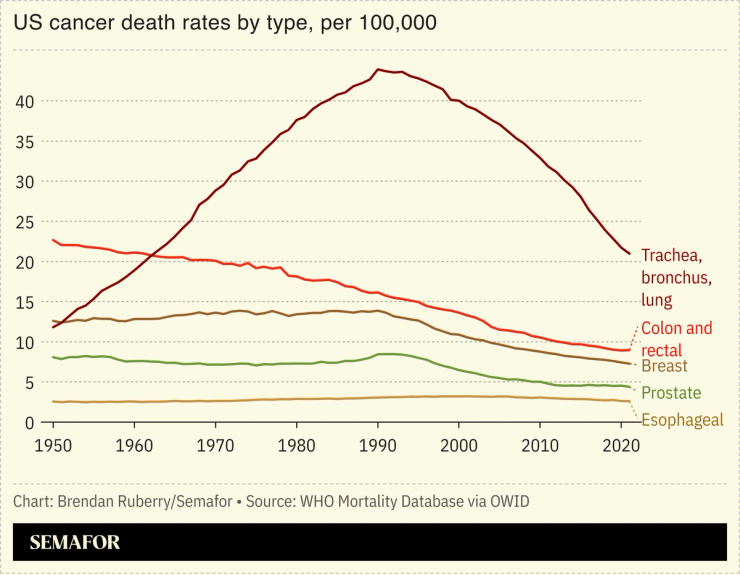 Chart showing US cancer deaths by type.