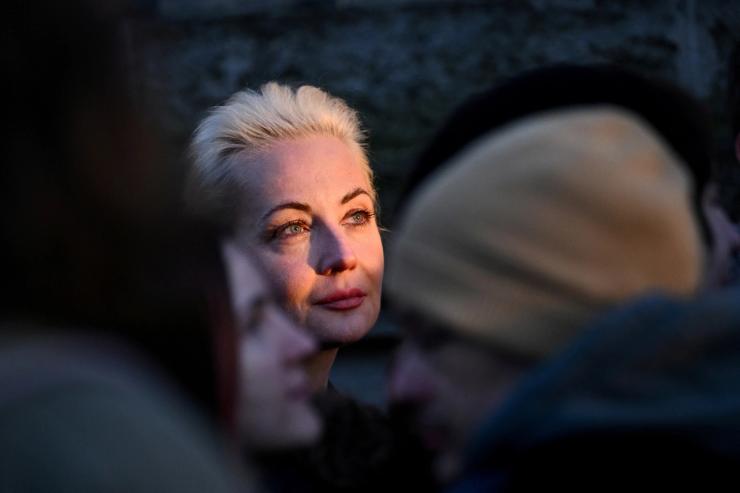 Yulia Navalnaya, the widow of Alexei Navalny, the Russian opposition leader who died in a prison camp, looks on as she stands in a queue outside the Russian Embassy on the final day of the presidential election in Russia, in Berlin, Germany, on March 17, 2024.