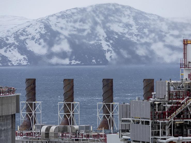 Emissions are seen from chimneys at Western Europe’s largest liquefied natural gas plant.