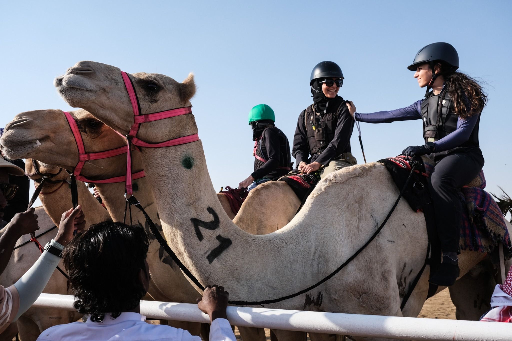 Female jockeys ride on their camels as they prepare to compete in the Women’s race of the 6th Crown Prince Camel Festival in Taif.