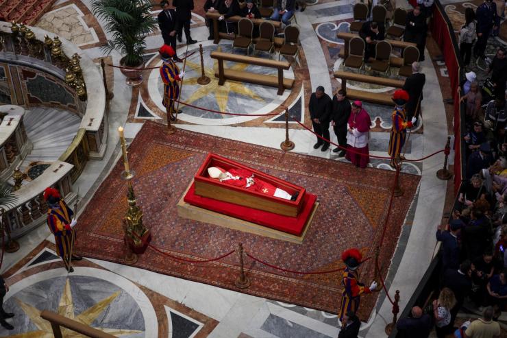 People pay respects as Pope Francis lies in state in St Peter’s Basilica, at the Vatican.