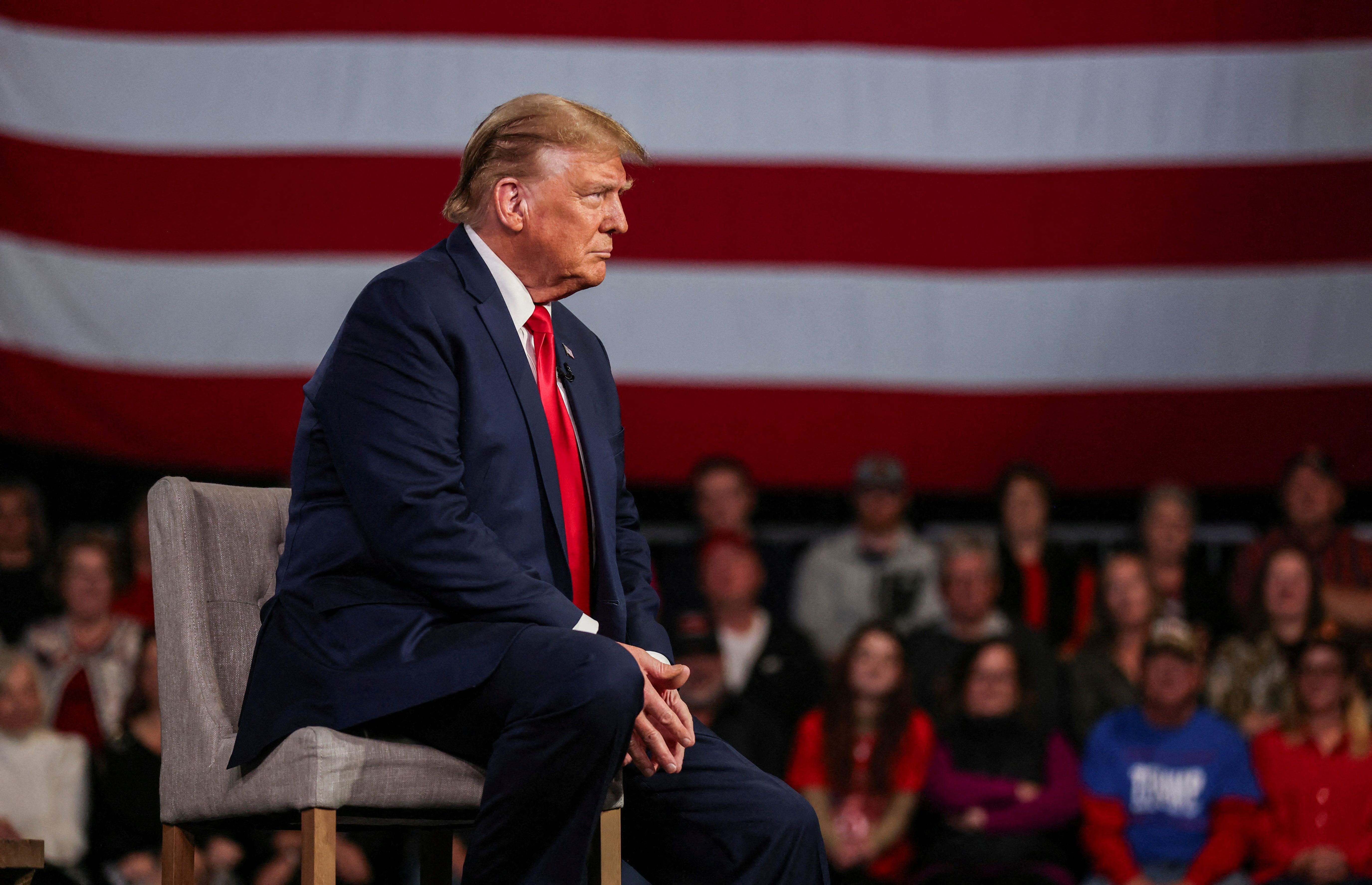 Former U.S. President and Republican presidential candidate Donald Trump participates in a Fox News town hall with Laura Ingraham in Greenville, South Carolina, on Feb. 20, 2024. 
