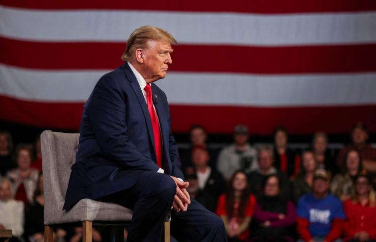 Former U.S. President and Republican presidential candidate Donald Trump participates in a Fox News town hall with Laura Ingraham in Greenville, South Carolina, on Feb. 20, 2024.