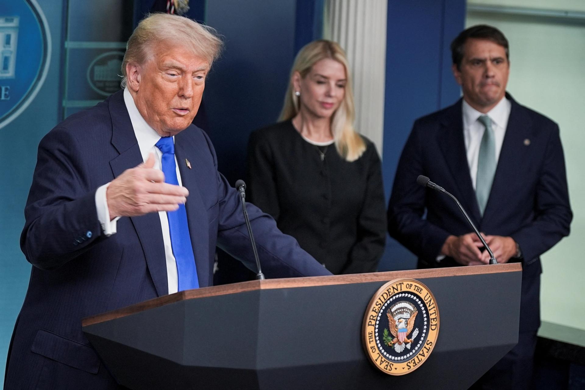 U.S. President Donald Trump speaks to the media