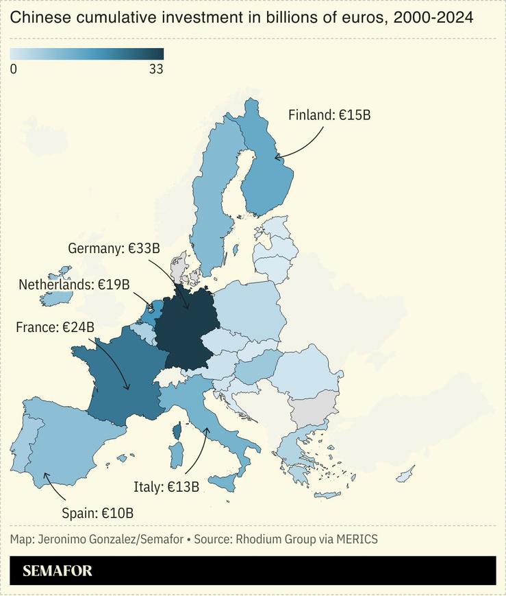 A map showing cumulative Chinese investment by country in the EU.
