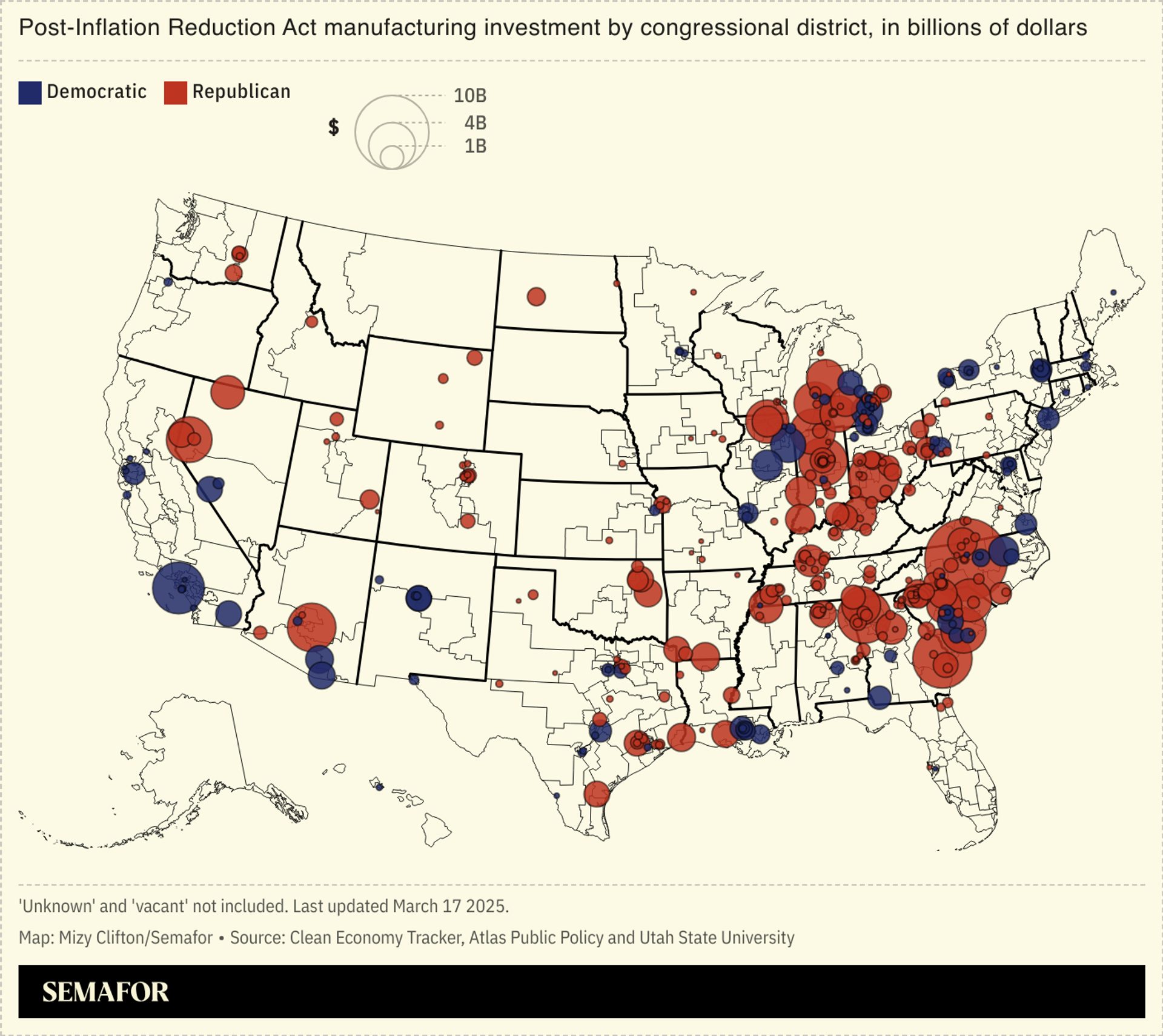 A map showing post-IRA manufacturing investment by congressional district.