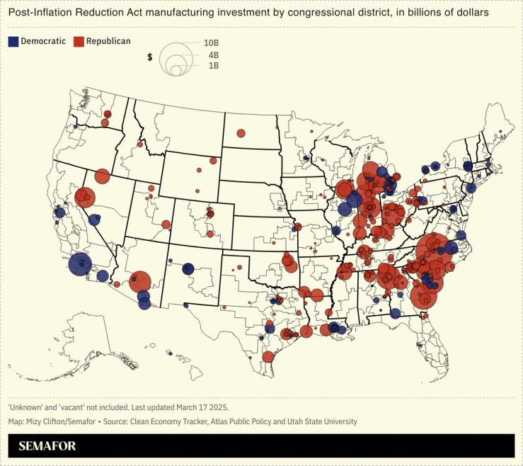 A map showing post-IRA manufacturing investment by congressional district.