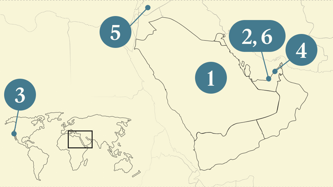 A numbered map of the Gulf region.