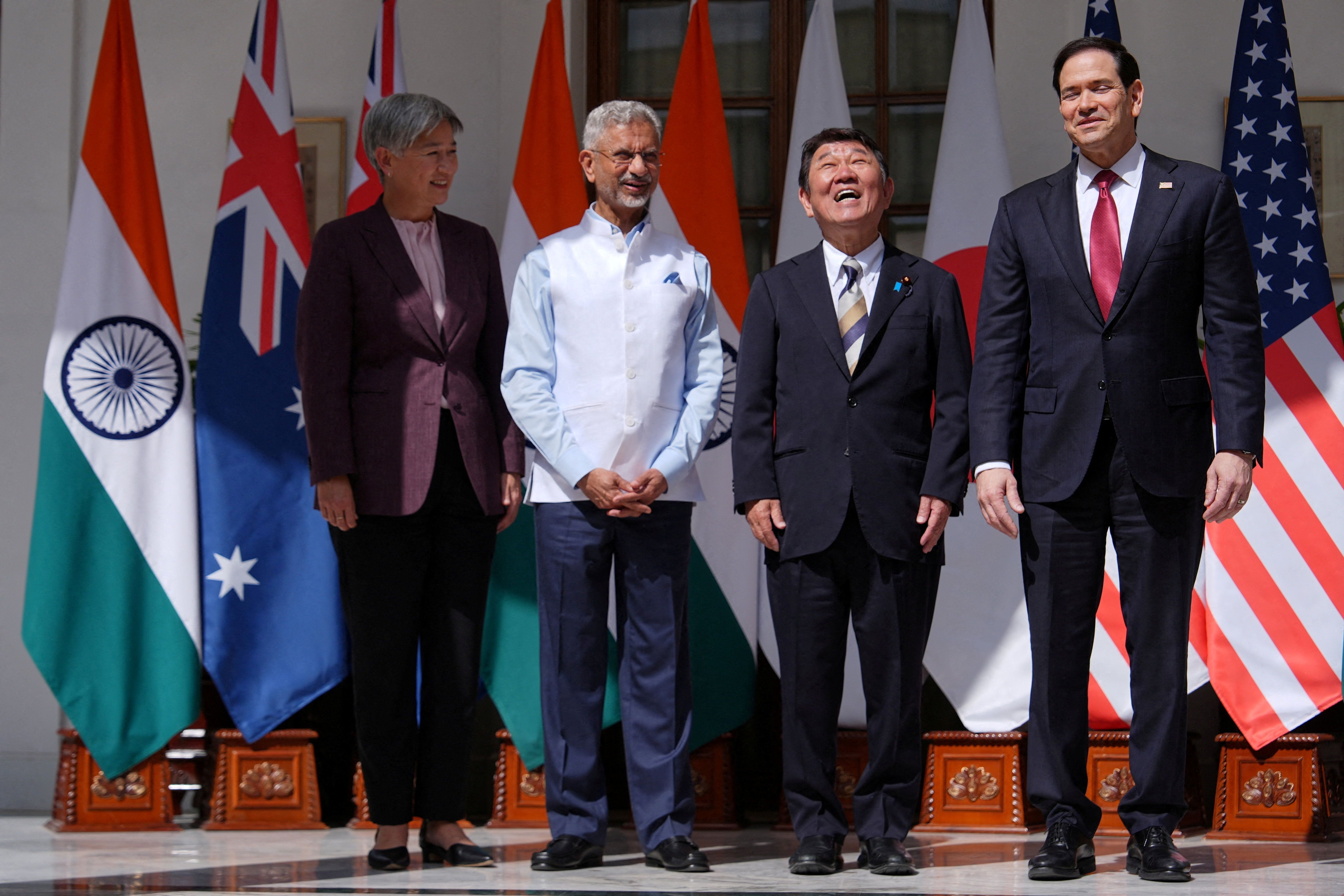 From left, Australian Foreign Minister Penny Wong, India’s Minister of External Affairs S. Jaishankar, Japanese Foreign Minister Toshimitsu Motegi and U.S. Secretary of State Marco Rubio pose before a Quad ministerial meeting at Hyderabad House in New Delhi, India.
