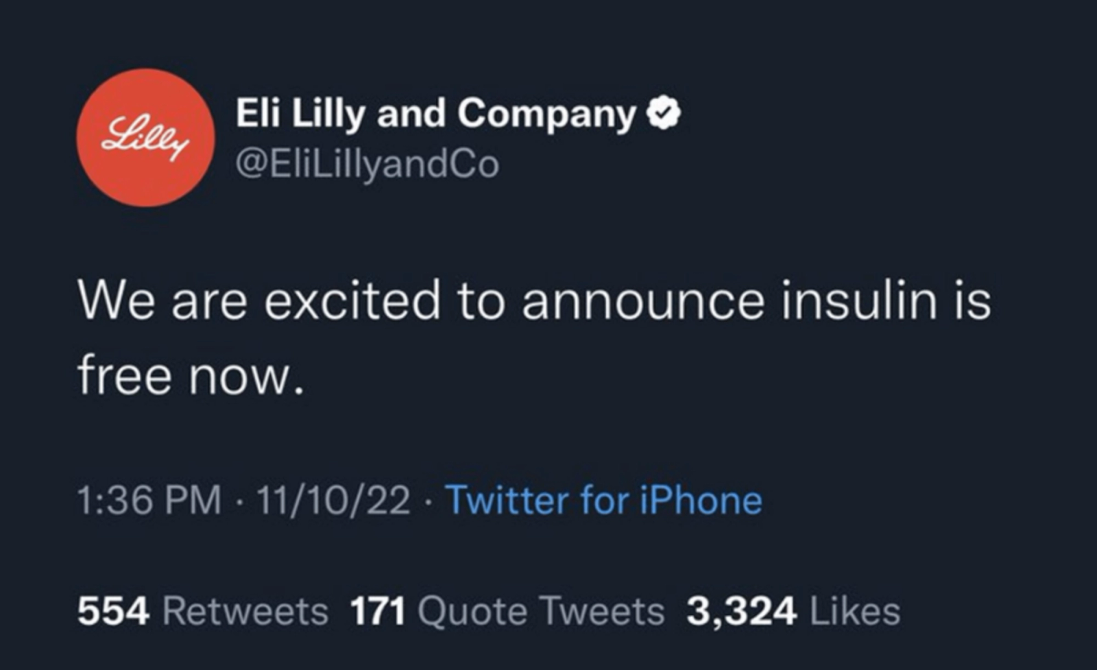 Screenshot of a fake tweet from a Twitter account impersonating Eli Lilly