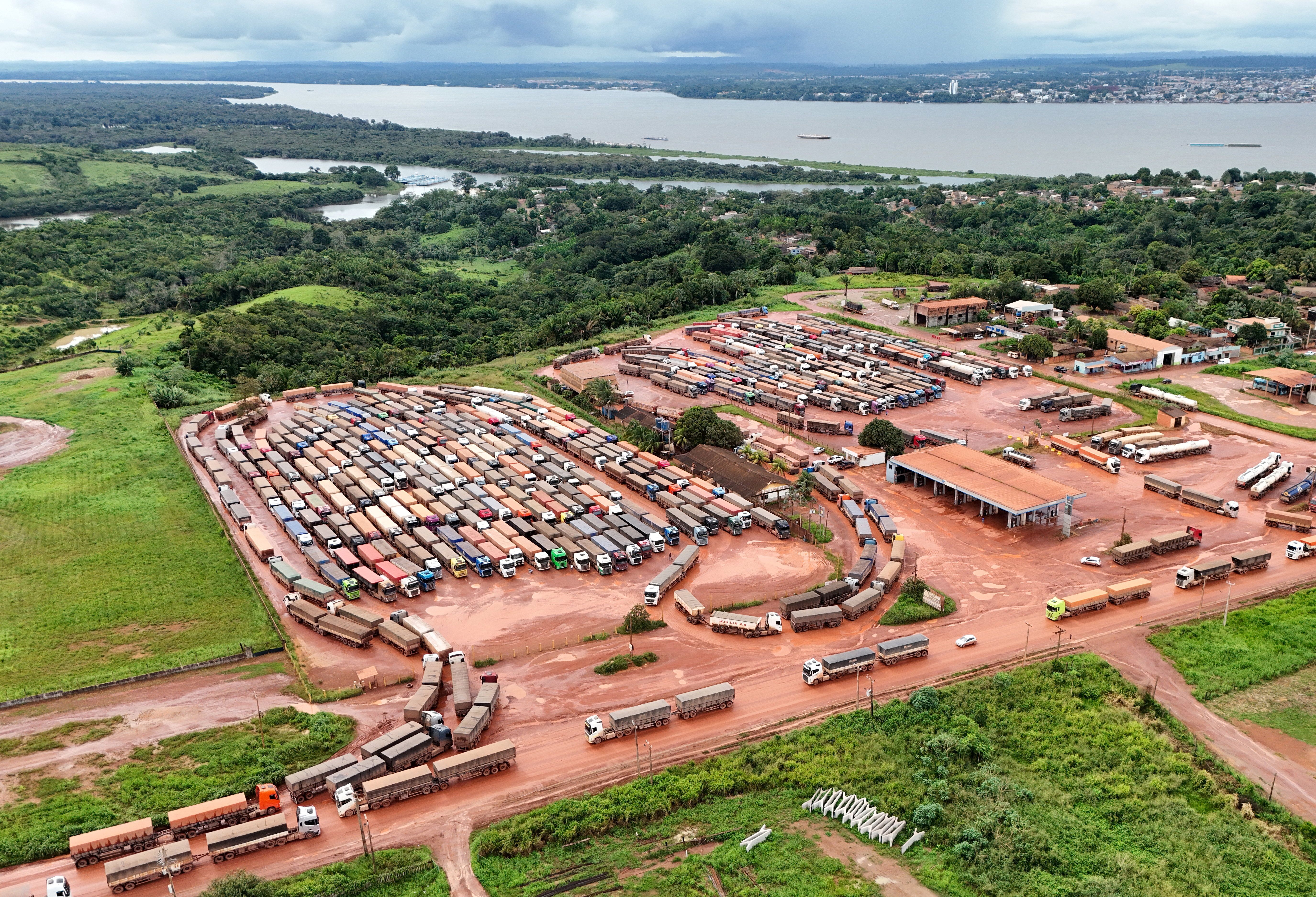 A drone view shows trucks loaded with soybeans waiting to unload at the port of Miritituba.