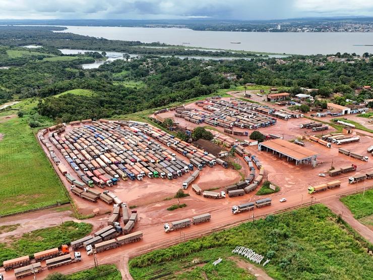 A drone view shows trucks loaded with soybeans waiting to unload at the port of Miritituba.