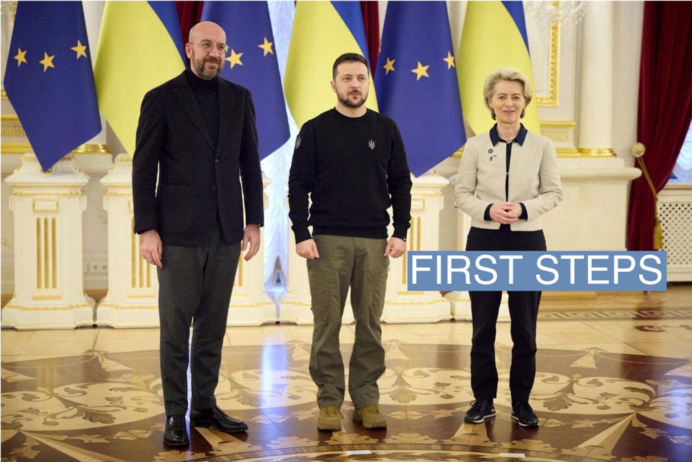 Ukraine's President Volodymyr Zelenskyy, European Commission President Ursula von der Leyen and European Council President Charles Michel pose for a picture during a European Union (EU) summit, as Russia's attack on Ukraine continues, in Kyiv, Ukraine February 3, 2023. Ukrainian Presidential Press Service/Handout via REUTERS