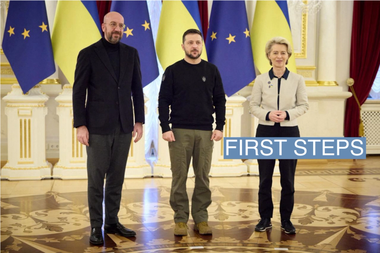 Ukraine’s President Volodymyr Zelenskyy, European Commission President Ursula von der Leyen and European Council President Charles Michel pose for a picture during a European Union (EU) summit, as Russia’s attack on Ukraine continues, in Kyiv, Ukraine February 3, 2023. Ukrainian Presidential Press Service/Handout via REUTERS