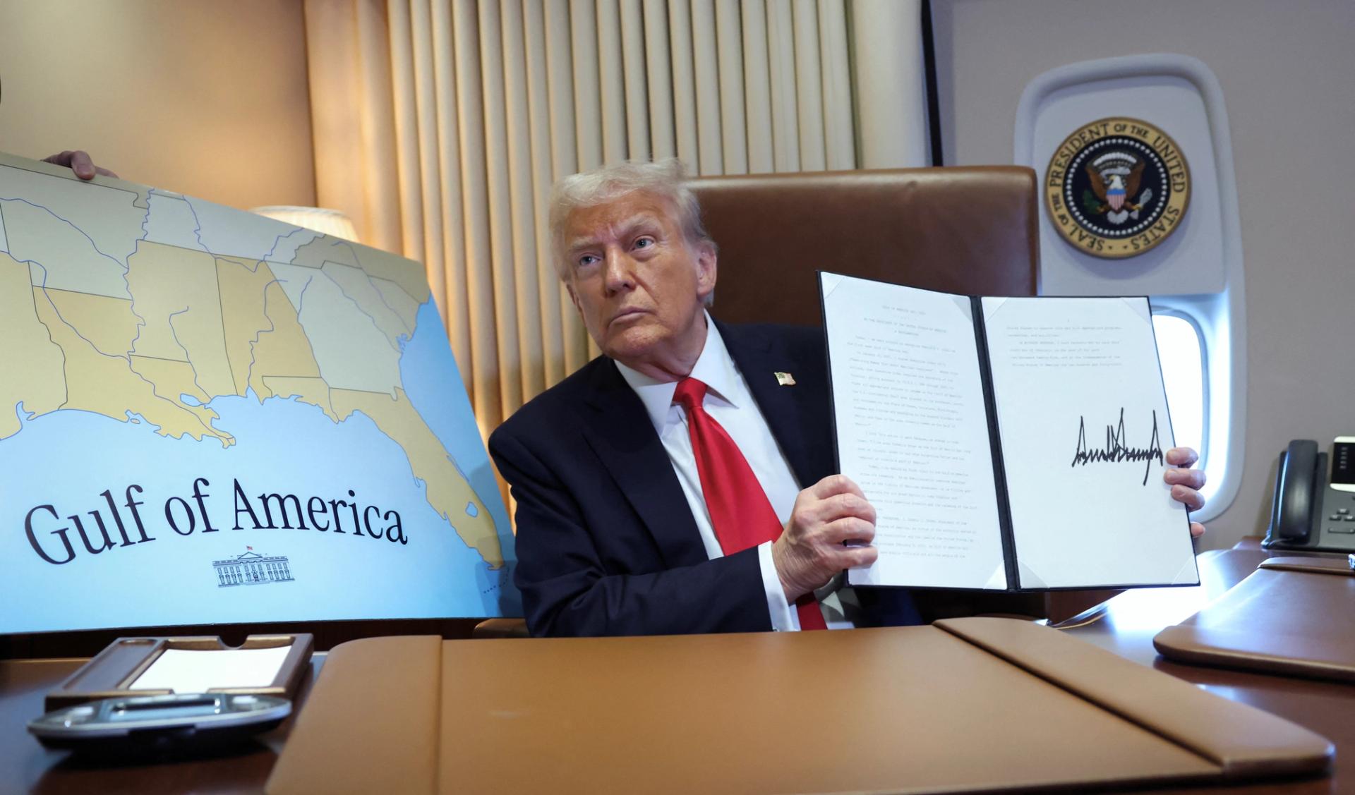 Trump speaks aboard Air Force One enroute to the Super Bowl in New Orleans