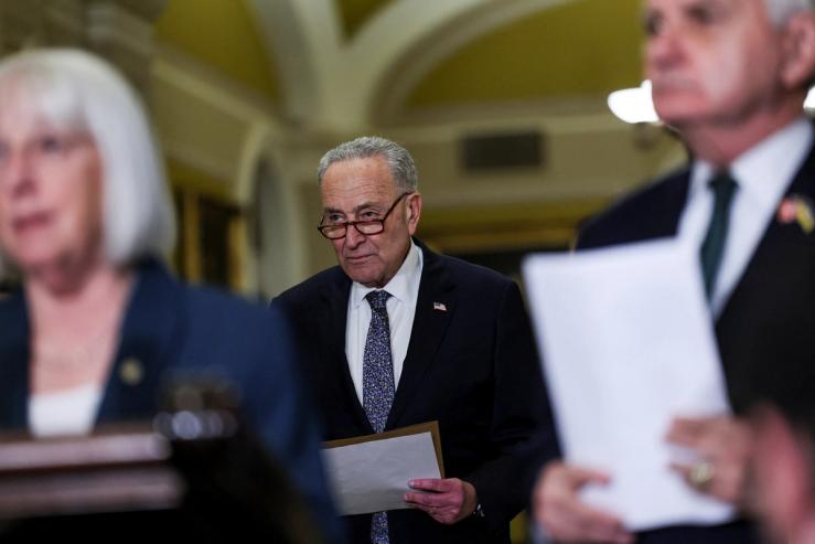 Senate Majority Leader Chuck Schumer (D-NY) attends a press conference, following a Senate Democrats weekly policy lunch, on Capitol Hill in Washington