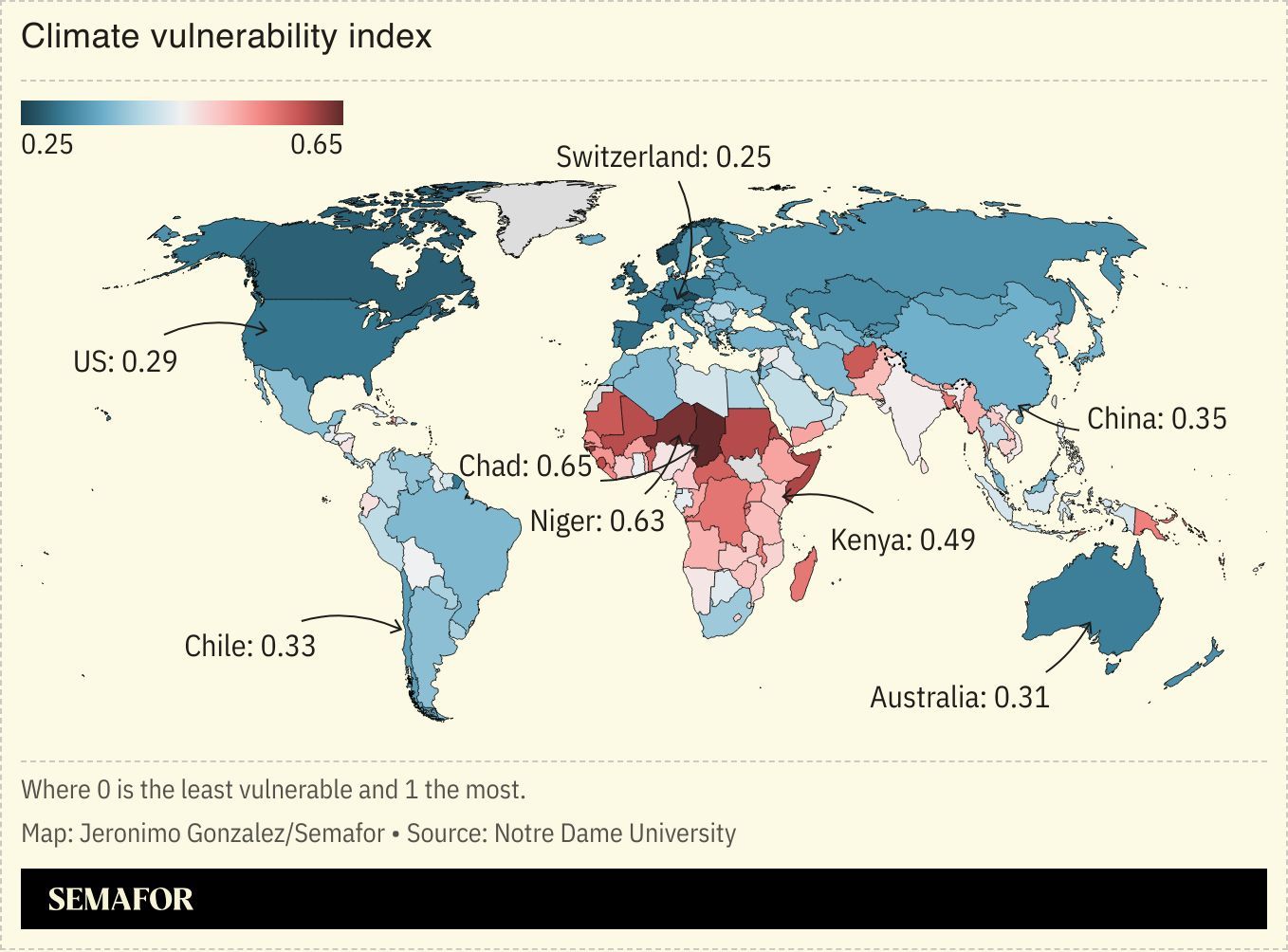 A global map showing climate vulnerability scores. 