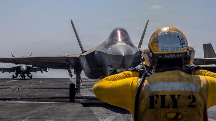 A U.S. Marine Corps F-35C Lightning II prepares to launch from the flight deck of the U.S. Navy Nimitz-class aircraft carrier USS Abraham Lincoln in support of the Operation Epic Fury attack on Iran from an undisclosed location, March 2, 2026.