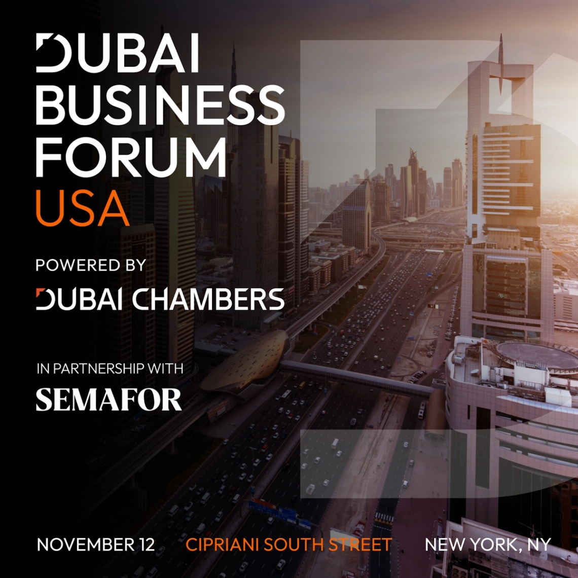 A graphic promoting Dubai’s Business Forum USA.