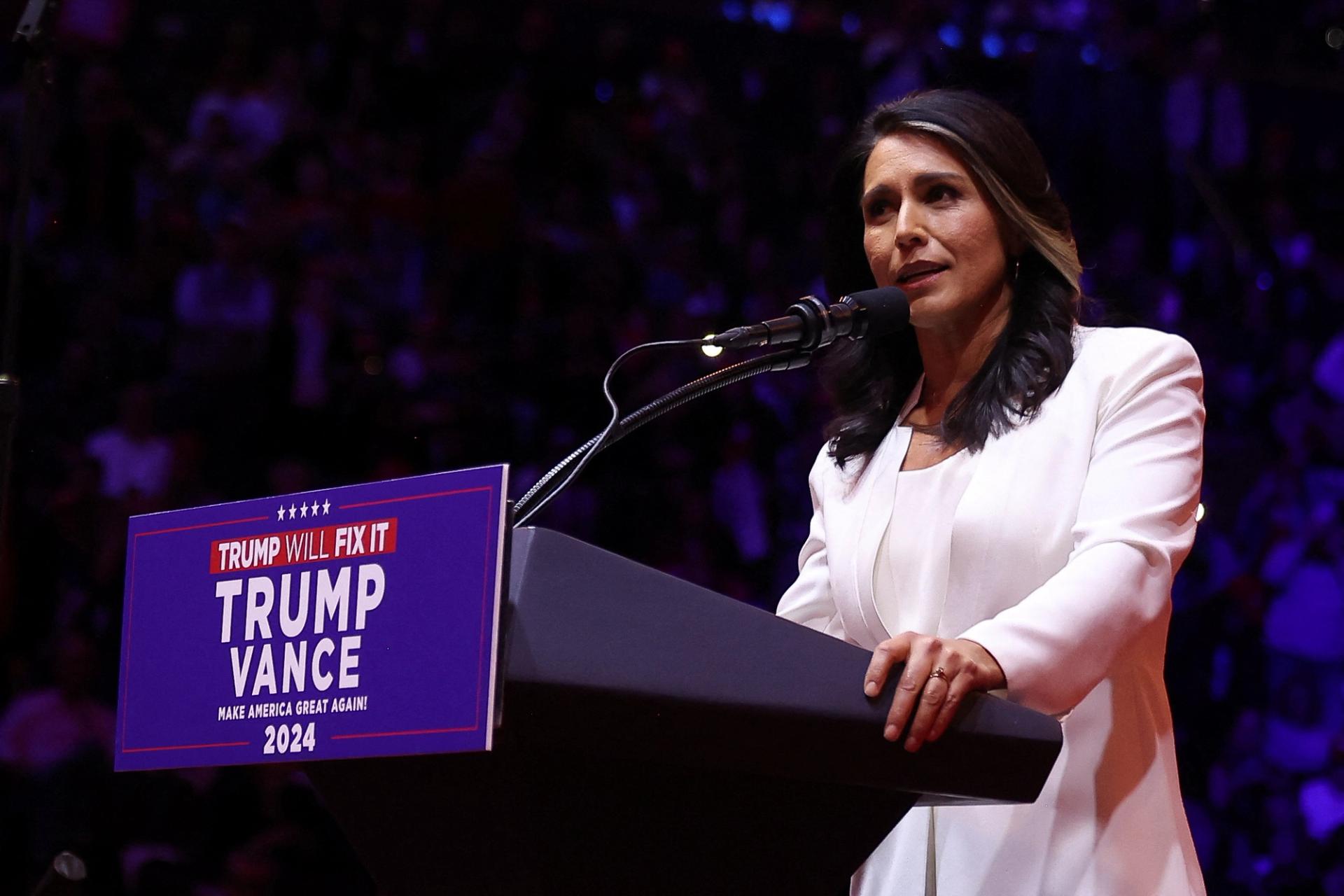 Tulsi Gabbard speaks during a rally for Republican presidential nominee and former U.S. President Donald Trump.