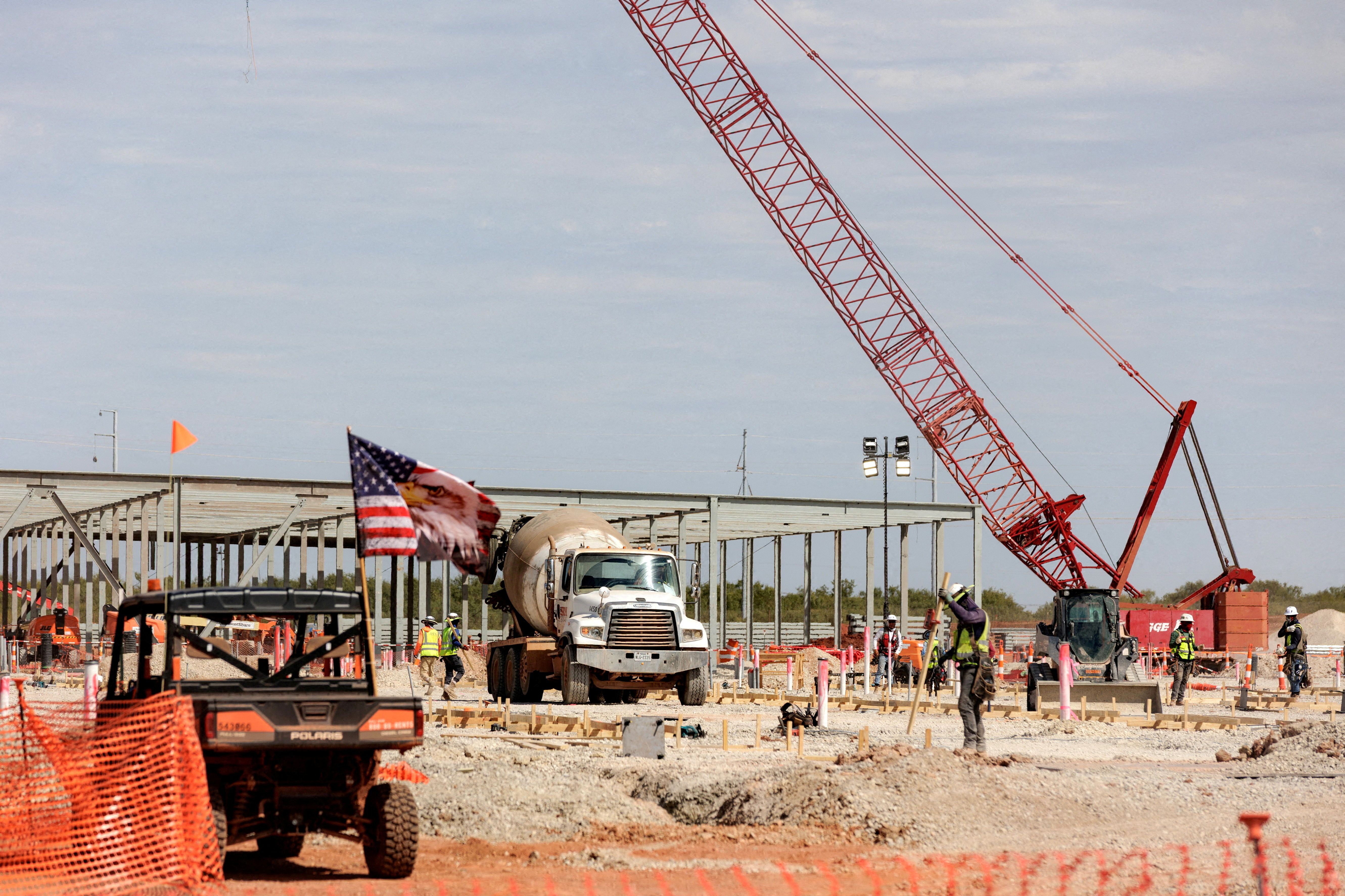 The steel frame of data centers under construction during a tour of the OpenAI data center in Abilene, Texas.