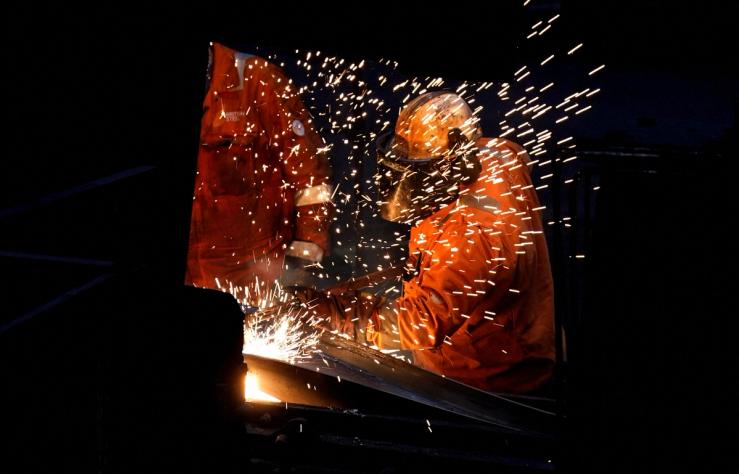 Workers work at the British Steel site in Scunthorpe, Lincolnshire, Britain