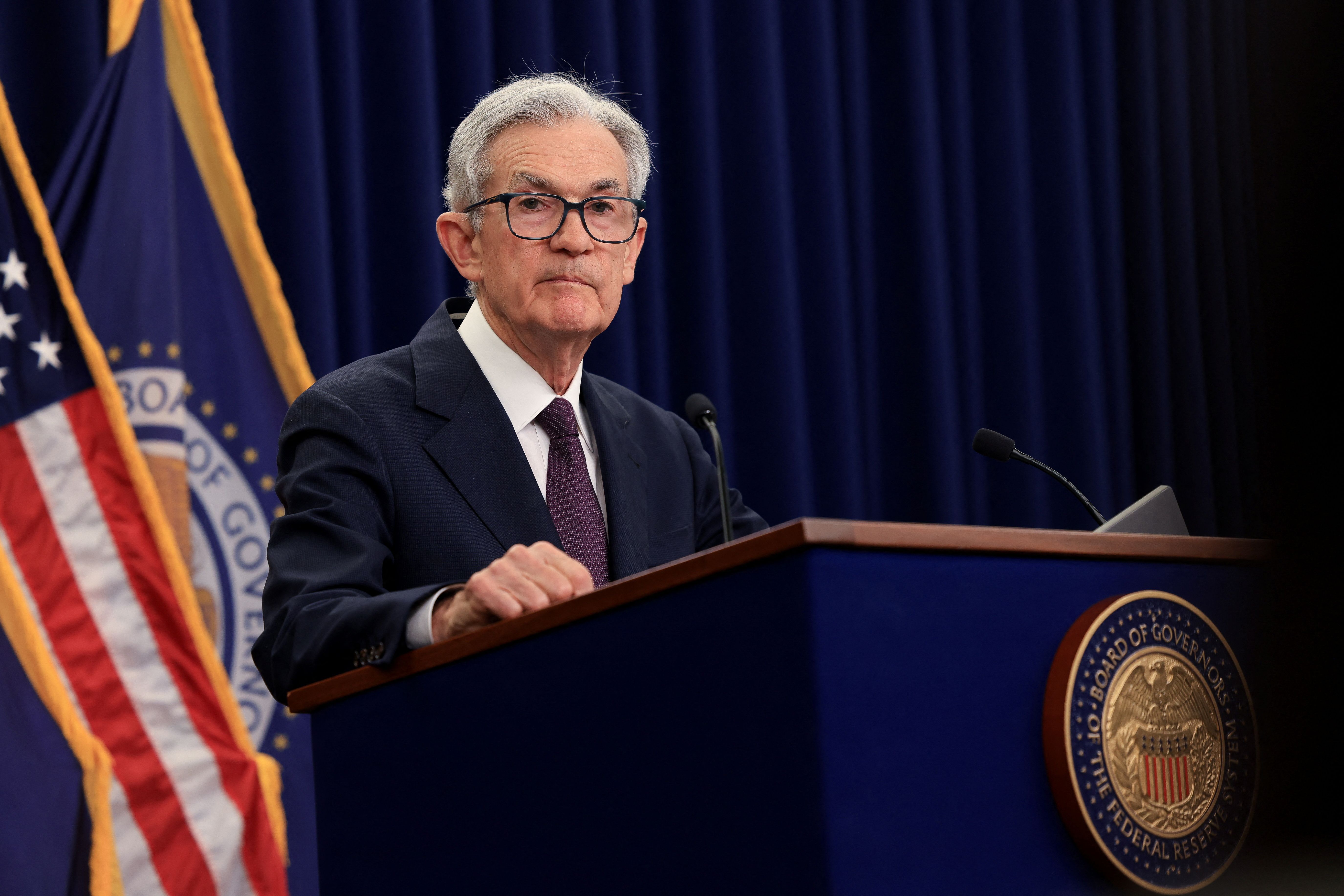US Federal Reserve Chair Jerome Powell attends a press conference following the issuance of the Federal Open Market Committee’s statement on interest rate policy in Washington, DC.