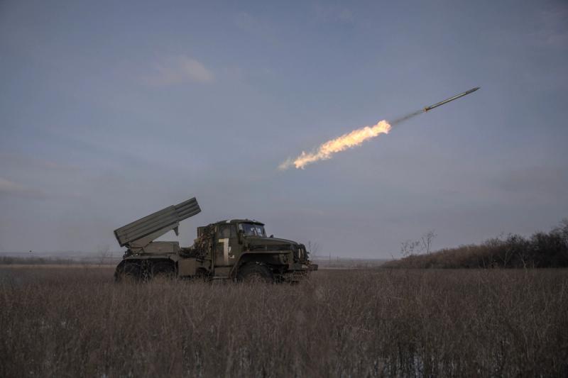 Ukrainian servicemen fire a BM-21 Grad multiple launch rocket system towards Russian positions on a frontline near the town of Marinka, amid Russia’s attack on Ukraine, in Donetsk region, Ukraine, February 7, 2023.