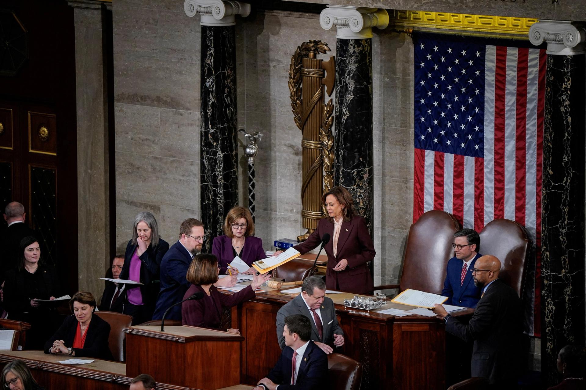 US Vice President Kamala Harris attends a joint session of Congress to certify Donald Trump’s election.