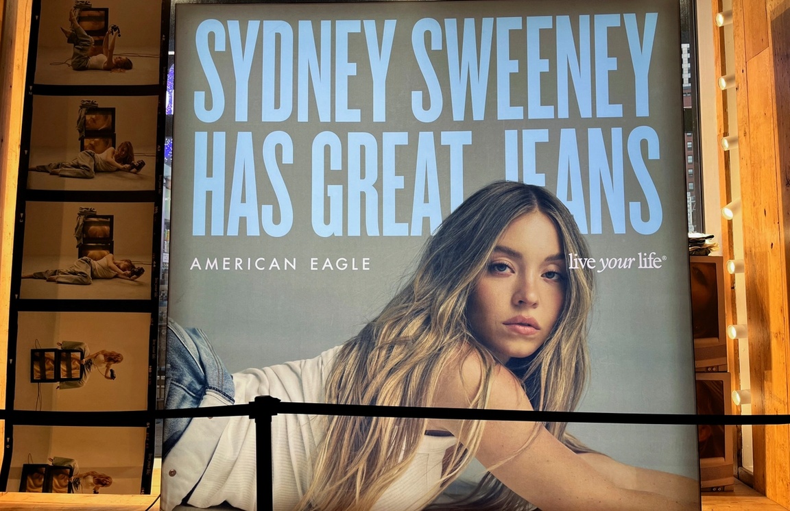 American Eagle promotes its “Good Jeans” campaign featuring Sydney Sweeney on a display in Times Square.