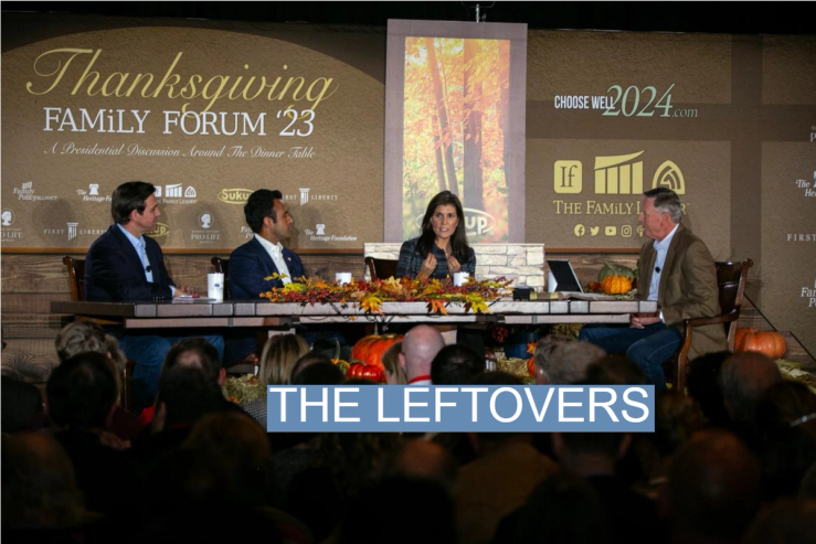 Florida Gov. Ron DeSantis, Vivek Ramaswamy and Nikki Haley speak with Bob Vander Plaats at the Thanksgiving Family Forum on Nov. 17, 2023 in Des Moines, Iowa.